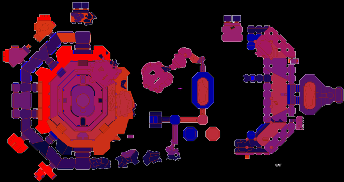  in . Bright blue=oldest; bright red=newest. Oldest sectors in ascending order include: bottom of the well where the player can drop from near the center of the arena (sector 0), cascading ledges and light fixtures near the center of the arena, outside dividers around one of the arena doorways.