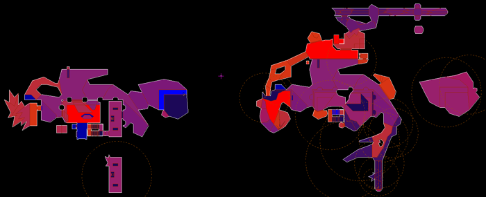  in . Bright blue=oldest; bright red=newest. Oldest sectors in ascending order include: above-water stairs in Santa Monica clock tower (sector 0), underwater sidewalk in secret cavern, subtle underwater step in front of blue keycard door to room with yellow keycard.