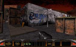 3D Realms, August 11, 1995. Starting area on Sweeney with much greater detail than in the final version, including the first instance of the palm trees visible on the left