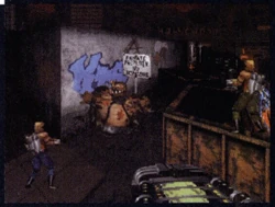 95-20EarlyNov-53.png (1.5 MB) Recreation of this image from the starting area on Sweeney. Dirt has been added along the top of the white wall, consistent with the final version. Two lampposts—which were barely visible in previous screenshots here and here—seem to be marking a door or alley that is not present in the final version. Something bright red has been added beside the lampposts, possibly a fire hydrant. To the right of the dumpster, there is a Duke Nukem II poster that is barely in frame. On the far right wall beside Duke's head, there is an unidentified sprite that contains an orange shape resembling a fleur-de-lis, also seen here. The fact that the Plasma Cannon has been replaced with the Shrinker is an indication that this likely post-dates October, when the former weapon was removed, but the red skybox pre-dates November 19.