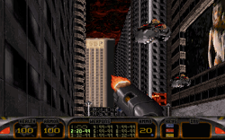 3D Realms, August 11, 1995. Red Light District, between the buildings that would become the adult-themed store (left) and the club (right). According to Gobeille, L6 was cut into Hollywood Holocaust and Red Light District sometime around May,[52] indicating this must be after the split.