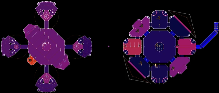 in . Bright blue=oldest; bright red=newest. Oldest sectors in ascending order include: passage where the player starts (sector 0), windows overlooking lava with the Battlelord sentry in the center.