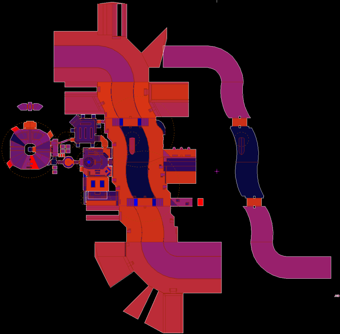  in . Bright blue=oldest; bright red=newest. Oldest sectors in ascending order include: railings of bridge across from start position (sector 0), part of hall after emerging from cannabis smoke room, first sector of non-Euclidean courtyard.