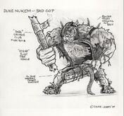 An early concept art showcasing a Pig Cop very different from the final version. It appears as very muscular with spikes growing out of its back, a riot helmet, a huge club, Kevlar armor and a huge amount of weapons chained together - or as it humorously describes it in the picture - "All Duke weapons chained together".