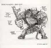PigCopConcept4.jpg (175 KB) An early concept art showcasing a Pig Cop very different from the final version. It appears as very muscular with spikes growing out of its back, a riot helmet, a huge club, Kevlar armor and a huge amount of weapons chained together - or as it humorously describes it in the picture - "All Duke weapons chained together".