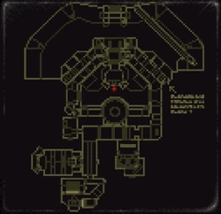 95-96-23DecJan-13.jpg (86 KB) Map that appears on the bridge in the final version of Death Row. Details in the map suggest it slightly pre-dates v0.99 from January 4; the chapel has a second row of seats, the sewer tunnel is positioned differently, and there is no compartment for the Blue Access Card.