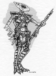 Chuck Jones.[58] Concept art for a female lizard trooper. There is no evidence that corresponding sprites were ever developed.
