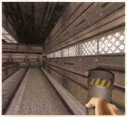 95-20EarlyNov-09.png (401 KB) Occupied Territory. This area would become the green hallway with a conveyor belt in the final game. That interpretation is supported by another screenshot showing these textures in the room at the end of the hallway.