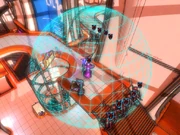 The mage's healing range (cyan sphere) shown in the .