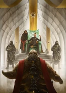 Vladimir before Padishah Emperor Shaddam IV on the Golden Lion Throne, beside his guards and his Truthsayer Gaius Helen Mohiam - Centipede Press art by Mark Molnar