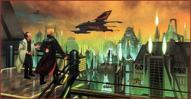 Airvans beneath the Skyline of Barony on Giedi Prime