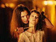 Chani (left, played by Barbora Kodetová) threatens Irulan (played by Julie Cox) in the Children of Dune miniseries