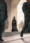 Mohiam surrounded by Fremen guardsc