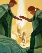 Laza Tigers Folio Society.jpg (1.57 MB) Leto helps Ghanima up a rock whilst they flee from Laza tigers - Folio Society art by Hilary Clarcq