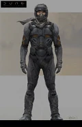 Stillsuit early design, with fluid sacks (Dune, 2021, concept art by Keith Christensen)