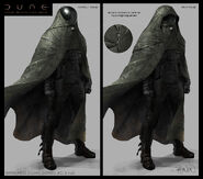 House Harkonnen armour and hooded desert cloak (Dune, 2021, concept art by Keith Christensen)