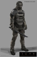 House Atreides armour and armoured soldier - armour, sword, personal Holtzmann shield (Dune, 2021, concept art by Keith Christensen)