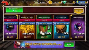Dagrund tokens for 700 scrolls, gold for 500, xp potions for 500, keys for 350, and Ella tokens for 1000.