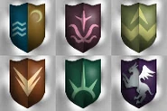 The six unused coats of arms in DK2. The sixth does appear ingame, but only in briefing screenshots. It also appears in the manual. (The wave and crescent blue & gold one was probably meant to be Moonshrine.)