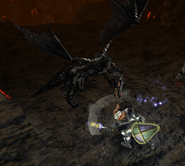 A black drake evading a mace swing in the Volcanic Caverns