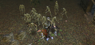 An adventurer fights against a horde of skeletons at the base of one of the towers.