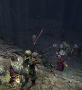 Adventurers engage a troop of Trog. A Trog Knight in the background can be seen wielding a Vengeful Hassat Scimitar.