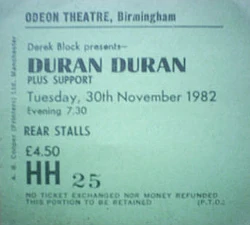 Ticket event show Odeon, Birmingham (UK) - 30 November 1982 duran duran
