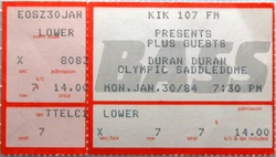 Ticket duran duran band Olympic Saddledome in Calgary canada. Dated Monday, January 30, 1984