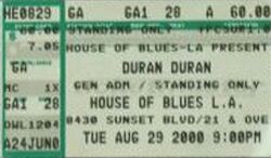 House of Blues, Los Angeles, CA, USA WIKIPEDIA DURAN DURAN TICKET STUB BOWIE