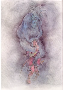 A representation of Blauwe Gerrit holding down the esquire by sitting on his shoulders.