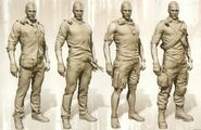 Renders of Kyle Crane, wearing four of the outfits in the game.