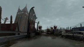 The highway leading to the  is littered with Renegade structures. Note the banner insignia