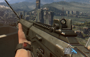 Crane holding the Police Rifle in-game.