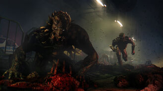 The Following screenshot of two Evolved Volatiles, one feasting on a dead body while the other is shown running