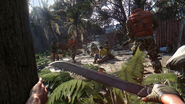 Screenshot of the player sneaking behind a group of Rais's Men holding down hostages.