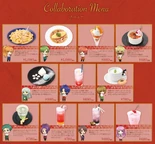 Kurou's Fusilli Carbonara ¥1,080 + tax Yuzuru's Japanese-style Omelette ¥1,080 + tax Hinoe's Orange Parfait ¥880 + tax Teacher's Flowery Crème Brûlée ¥880 + tax Hakuryu's Reverse Scale Rare Cheesecake ¥880 + tax Tryst Within a Dream Drink ¥680 + tax Benkei's Matcha Latte ¥780 + tax Kagetoki's Green Apple Soda ¥780 + tax Atsumori's Two-Layered Soda ¥780 + tax Saku's Indigo Soda ¥680 + tax Harukanaru Toki no Naka de ~Nozomi's Light Pink Milk~ ¥680 + tax