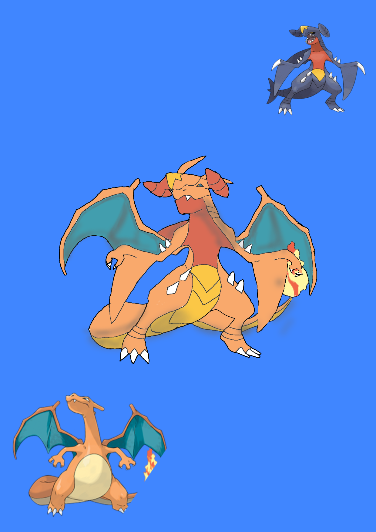 Illustration of a fusion between mega charizard y and mega charizard x