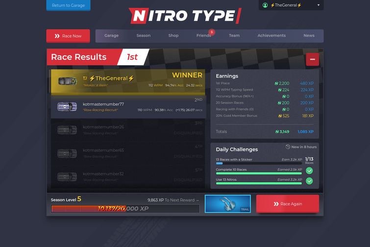 Complete races for your nitro type account for achievement