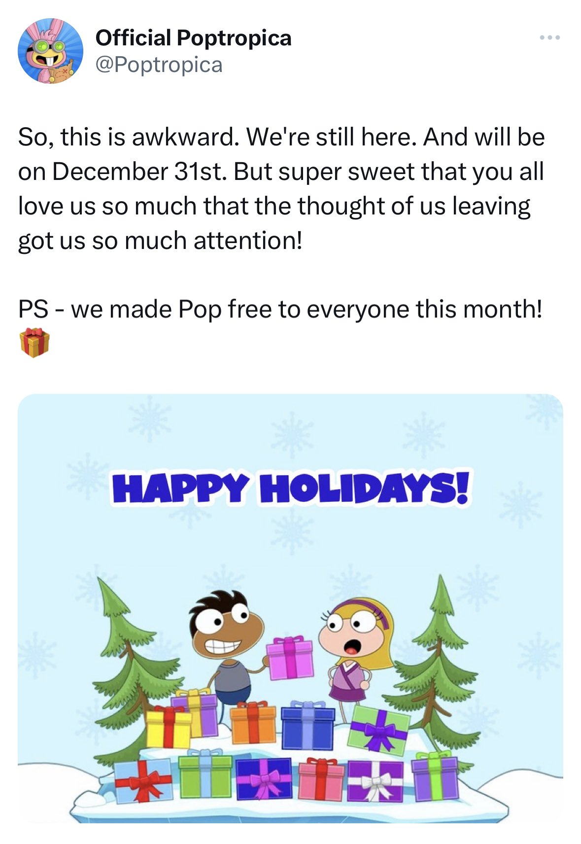Update ‘POPTROPICA’ is no longer ending and is now free for everyone