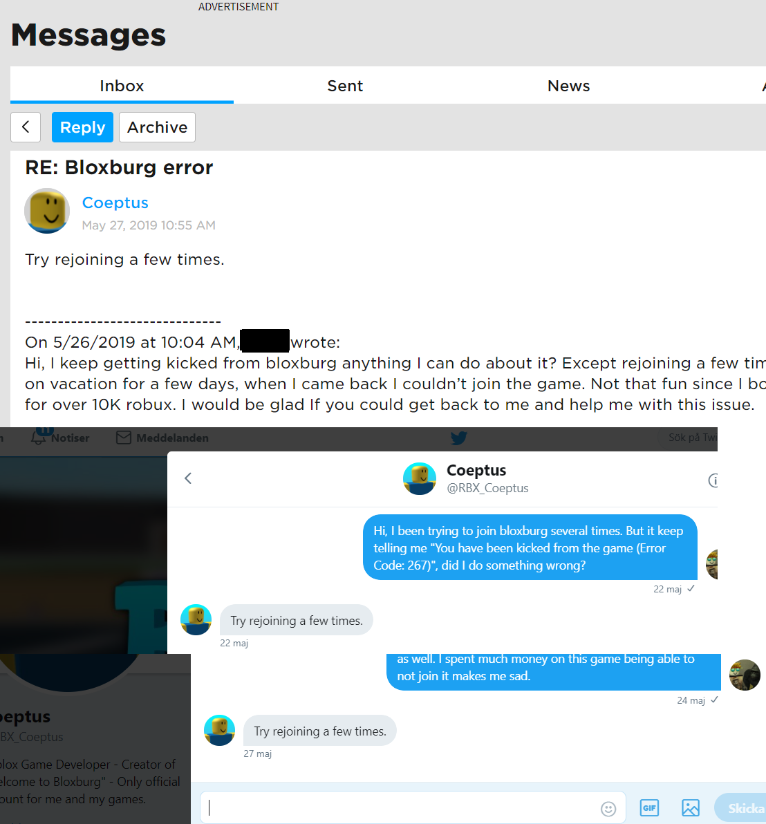 Coeptus Doesnt Care About His Players I Get Kicked For No Reason Ingame And He Refuses To Help Me Fandom - bloxburg creator coeptus messaged me back roblox bloxburg