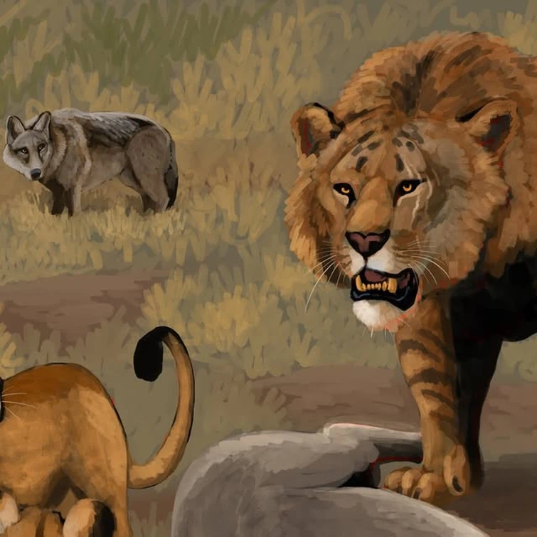 Hodari on Instagram: "Even cave lions have no choice but to give up their prey when the largest cat in Pleistocene China shows up- a 600+ kg prehistoric liger, the result of a rare mating between a tiger and a cave lion...  Following from the last post,...