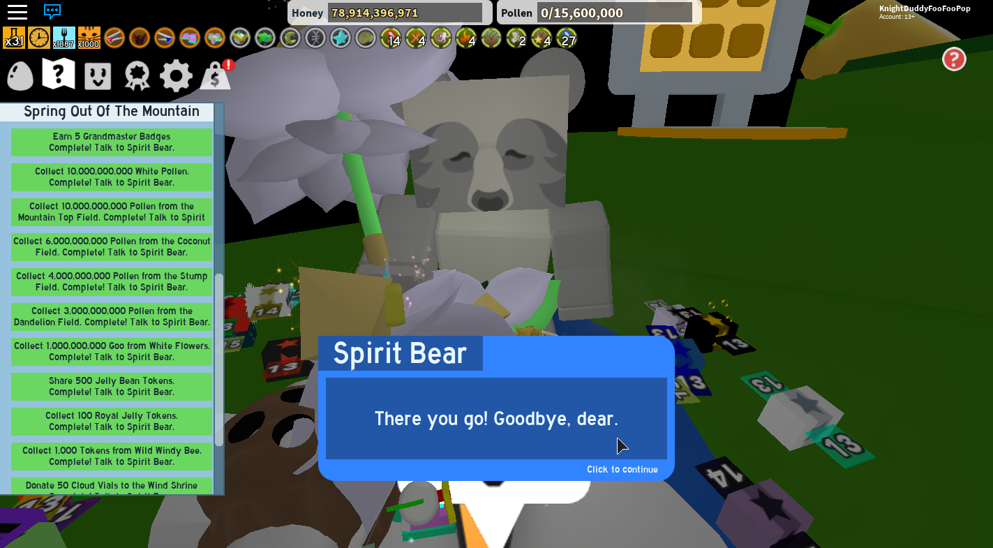 Anyone Else Complete All 30 Spirit Bear Quests Without Robux Fandom - codes for bee simulator roblox for bear bee