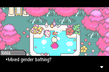 Ionia in the Tanetane Island hot spring, saying "Mixed gender bathing?".