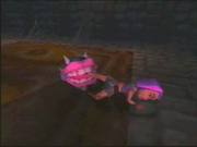 EarthBound 64 screenshot showing off Kumatora caught in a trap.
