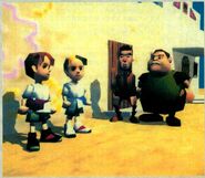 Lucas and Claus standing with Butch and Ollie in Tazmily Village.