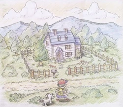 Concept art depicting Ness and his dog, King, standing in front of their home