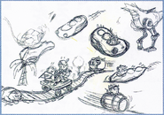 Concept art which mostly shows many early drafts of Pork Bean designs.