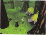 Lucas and Flint in the Sunshine Forest, encountering Rhinobirds. Lucas appears to be either jumping or being knocked back.