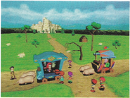 Lucas in the crossroads of Tazmily with many other villagers and carts.