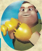 Butch as he would appear in  holding a trophy awarded to him for his pigs.